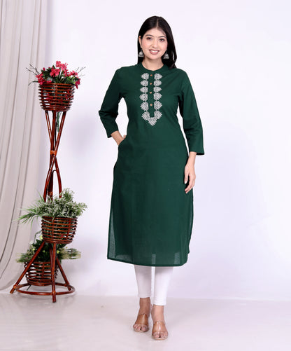 Sakura Women's Dark Green Cambric Cotton Kurti with Intricate Thread Embroidery