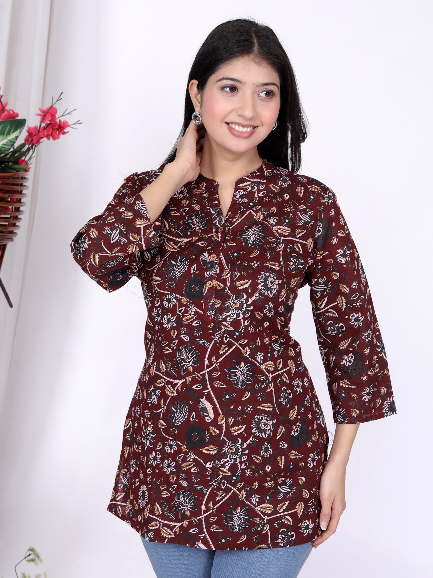 Sakura Women's Deep Wine Printed Tunic – 100% Cambric Cotton