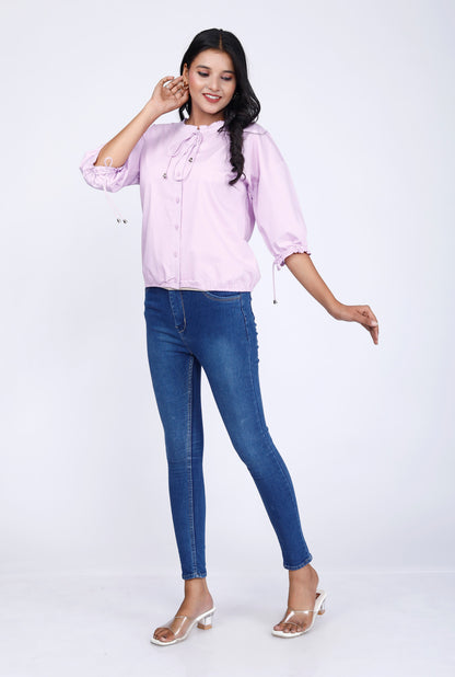 Sakura Elasticated Button-Down Top in Lavender