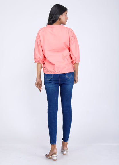 Sakura Elasticated Button-Down Top in Peach