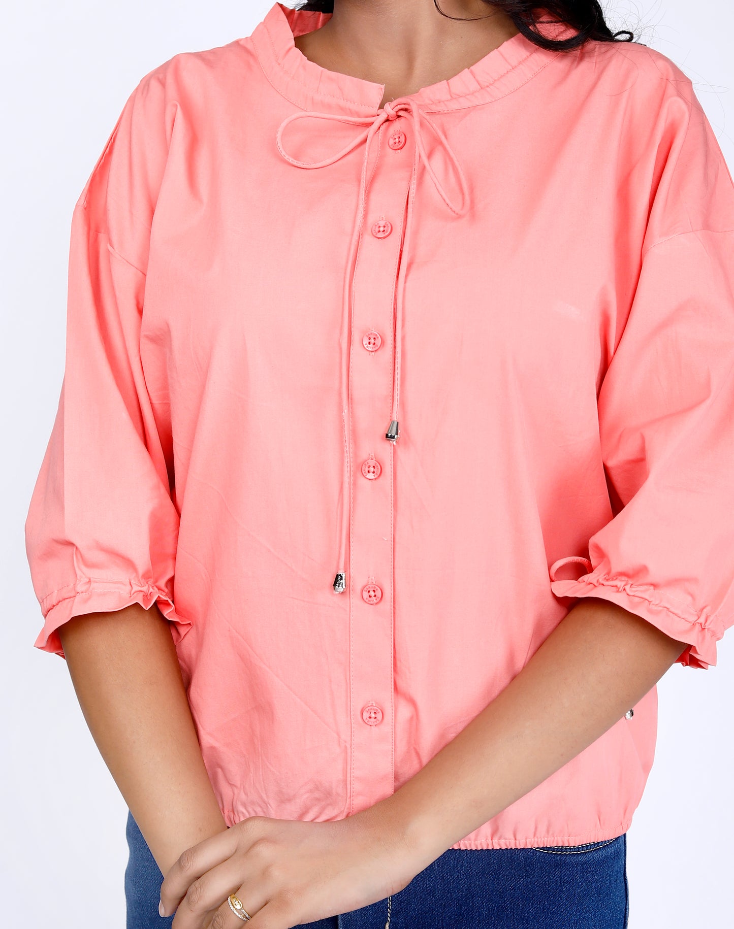 Sakura Elasticated Button-Down Top in Peach