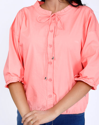 Sakura Elasticated Button-Down Top in Peach