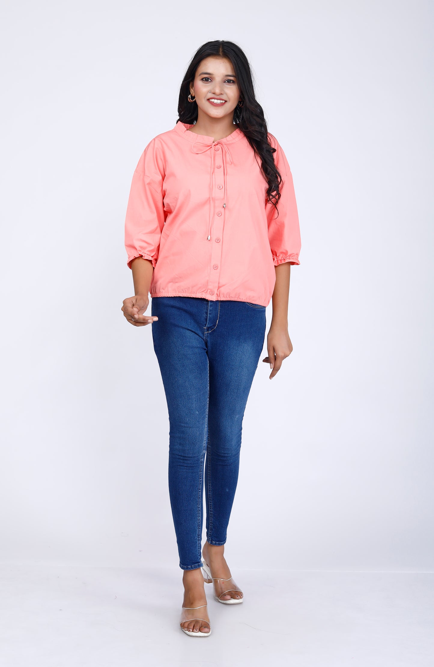 Sakura Elasticated Button-Down Top in Peach