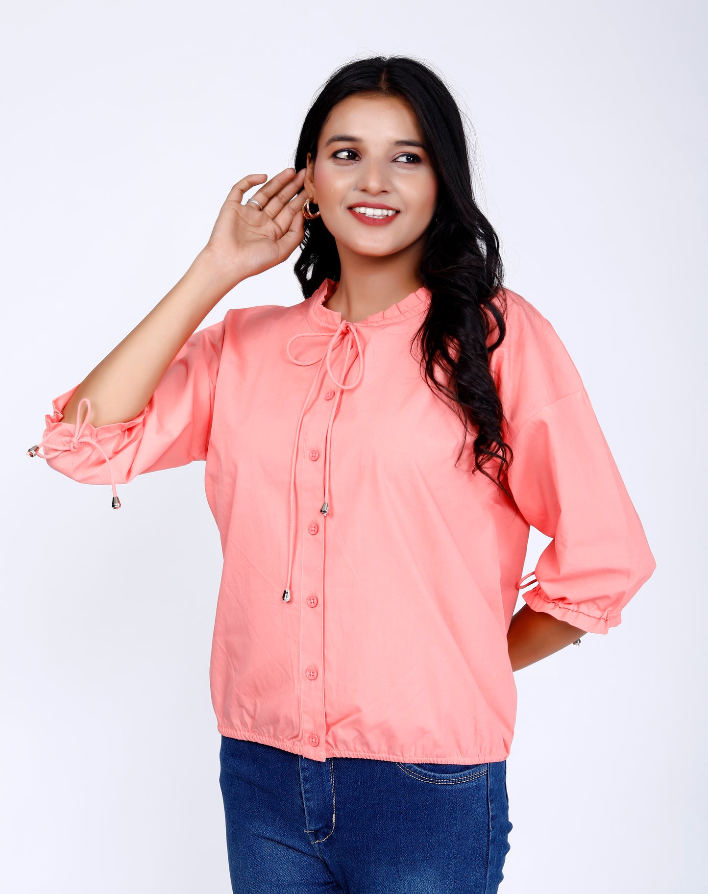 Sakura Elasticated Button-Down Top in Peach