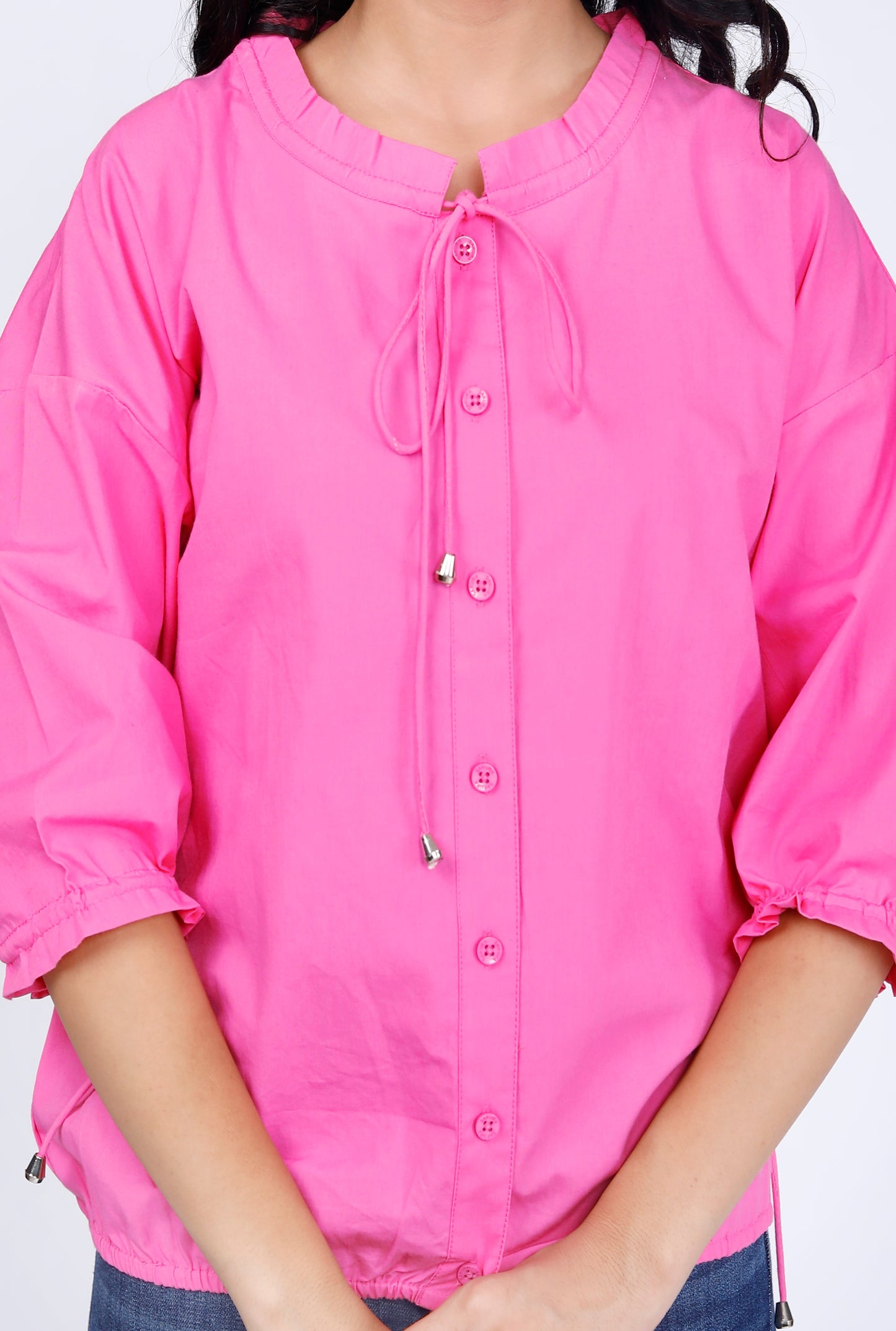 Sakura Elasticated Button-Down Top in Pink