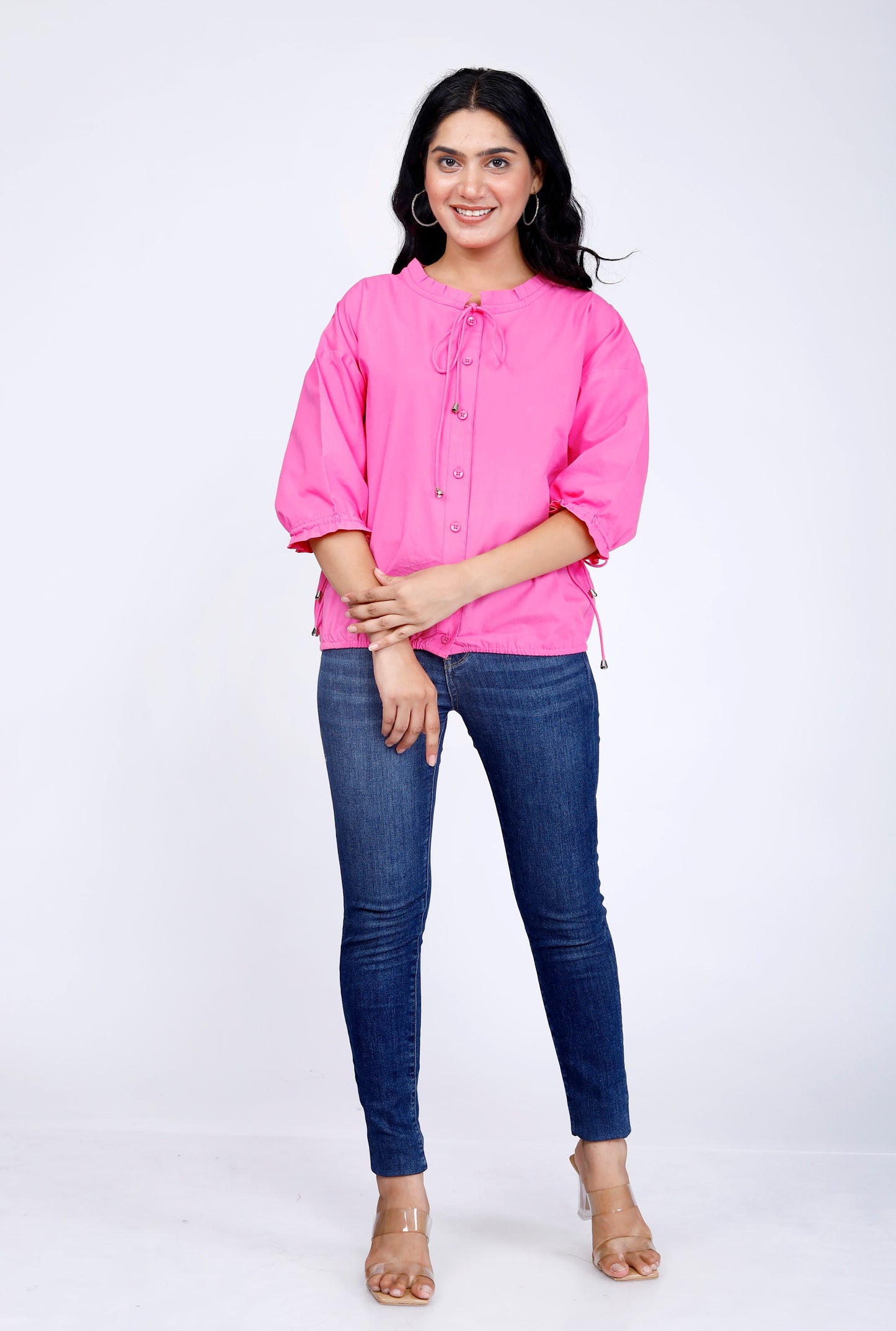 Sakura Elasticated Button-Down Top in Pink