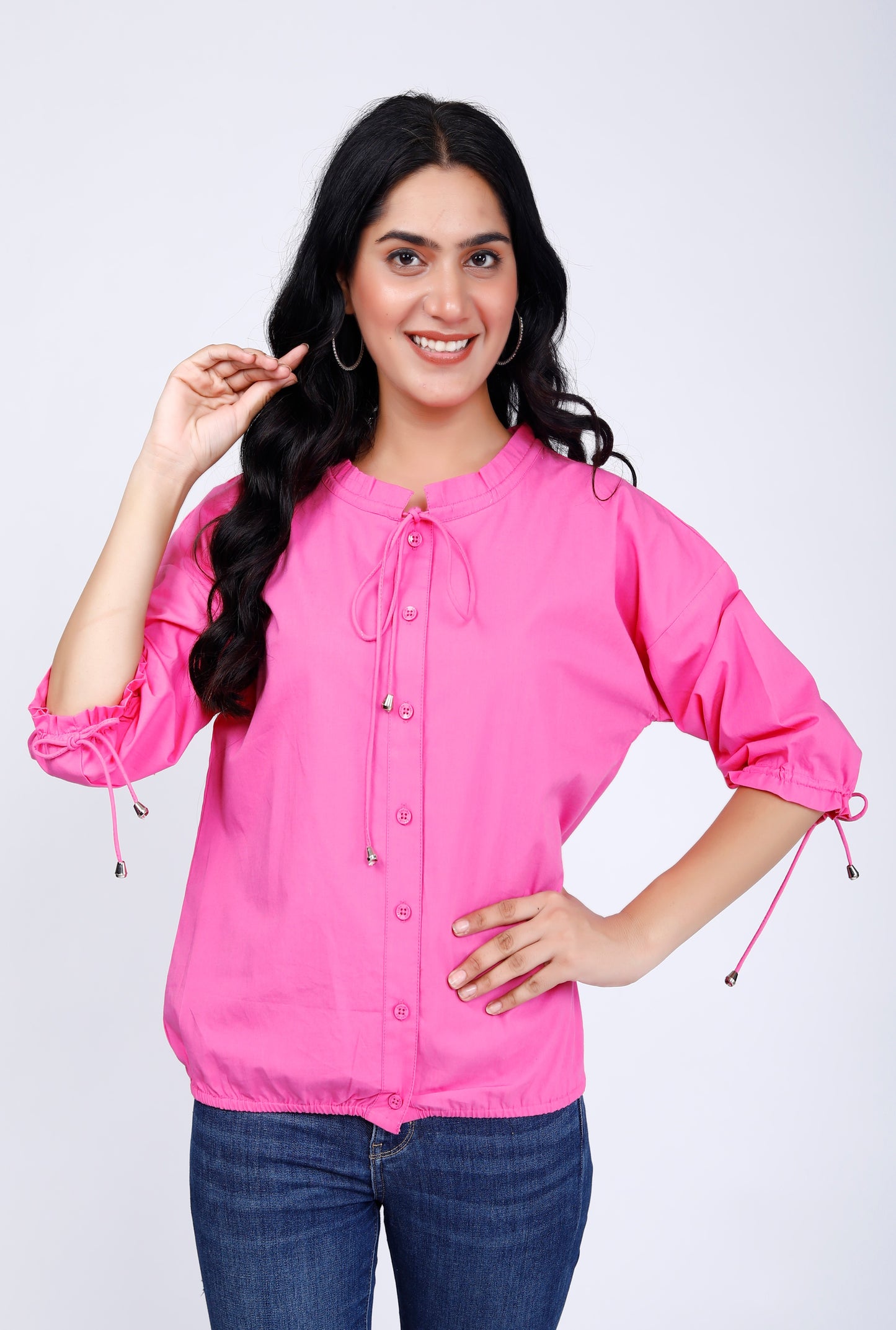 Sakura Elasticated Button-Down Top in Pink