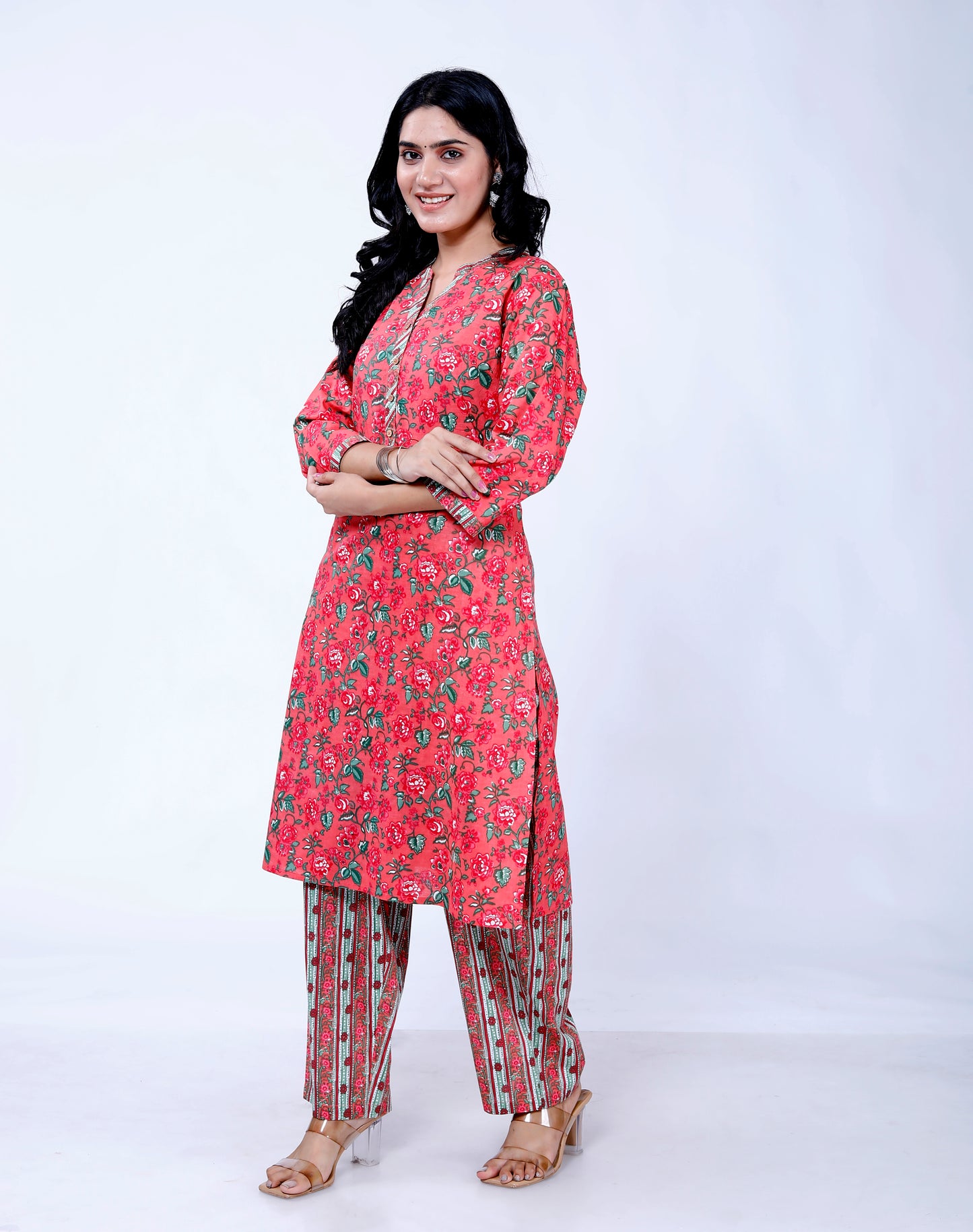 Sakura Women's Floral Print Cotton Kurta & Striped Palazzo Set with Pockets - 100% Cambric Cotton