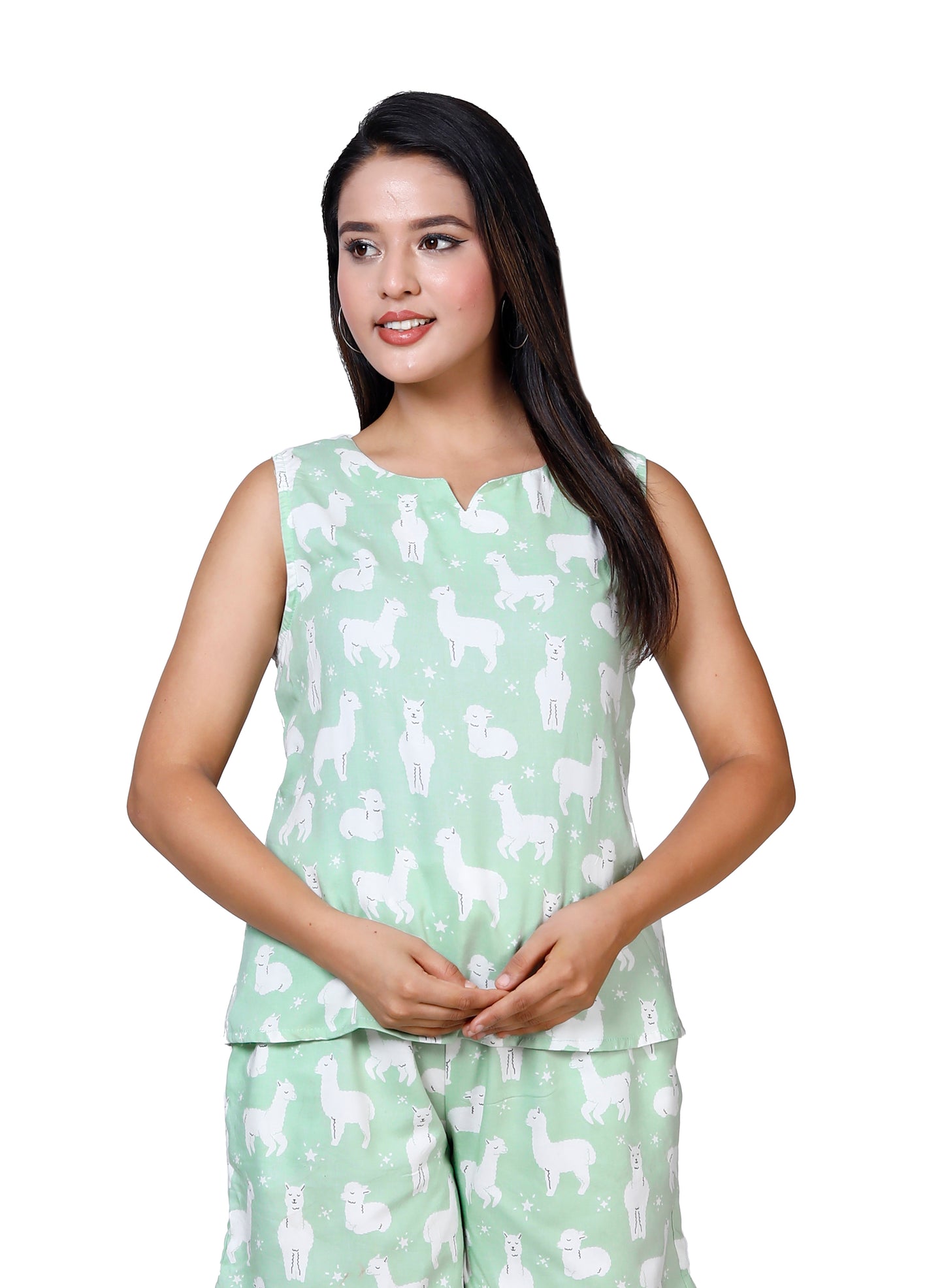 Sakura Green Alpaca Print Liva Viscose Rayon Staple Sleeveless Top and Shorts Set