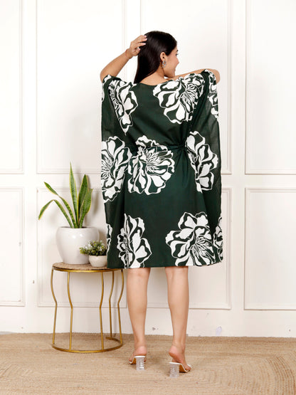 Sakura Women's Green Floral Kaftan Dress | 100% Cambric Cotton | V-Neck with Waist Tie