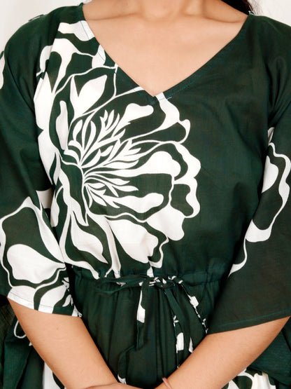 Sakura Women's Green Floral Kaftan Dress | 100% Cambric Cotton | V-Neck with Waist Tie