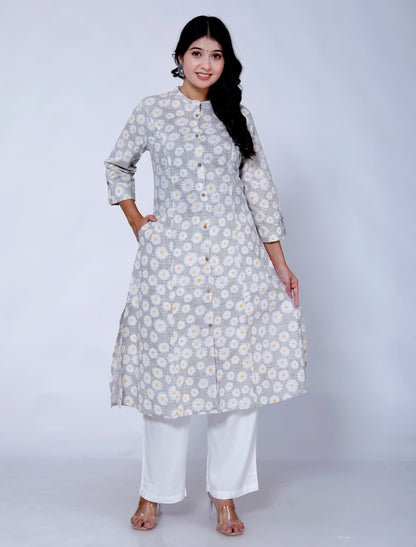 Sakura Women's Grey Floral Cotton Kurta with Palazzo Set