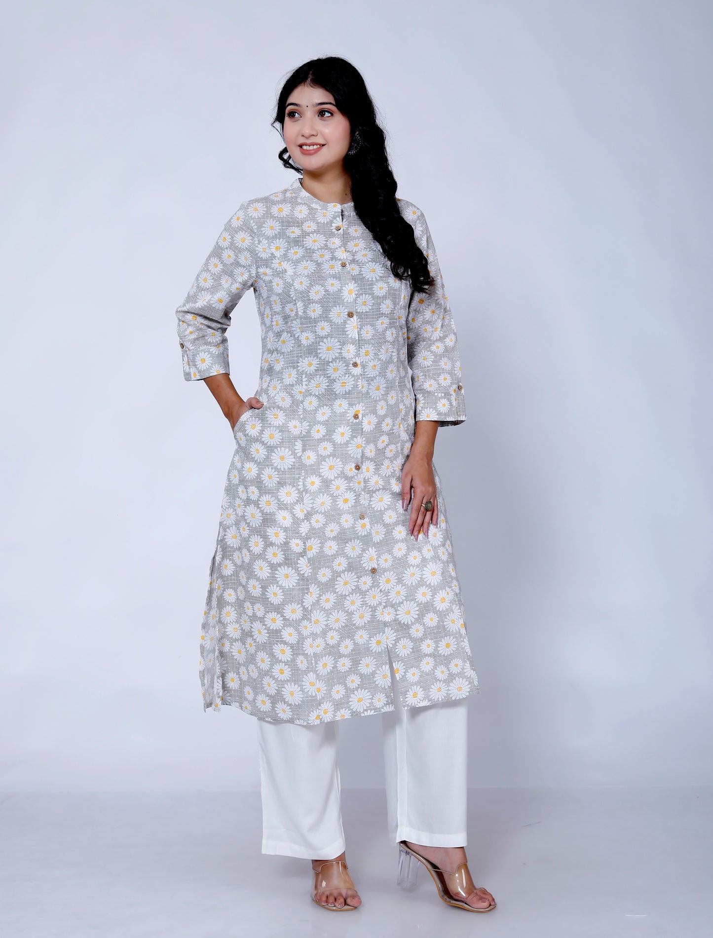 Sakura Women's Grey Floral Cotton Kurta with Palazzo Set