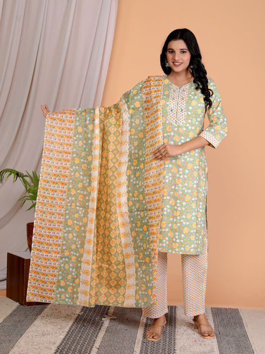 Sakura Women's 3-Piece Cotton Ethnic Set with Embroidered Kurta, Palazzo, and Dupatta