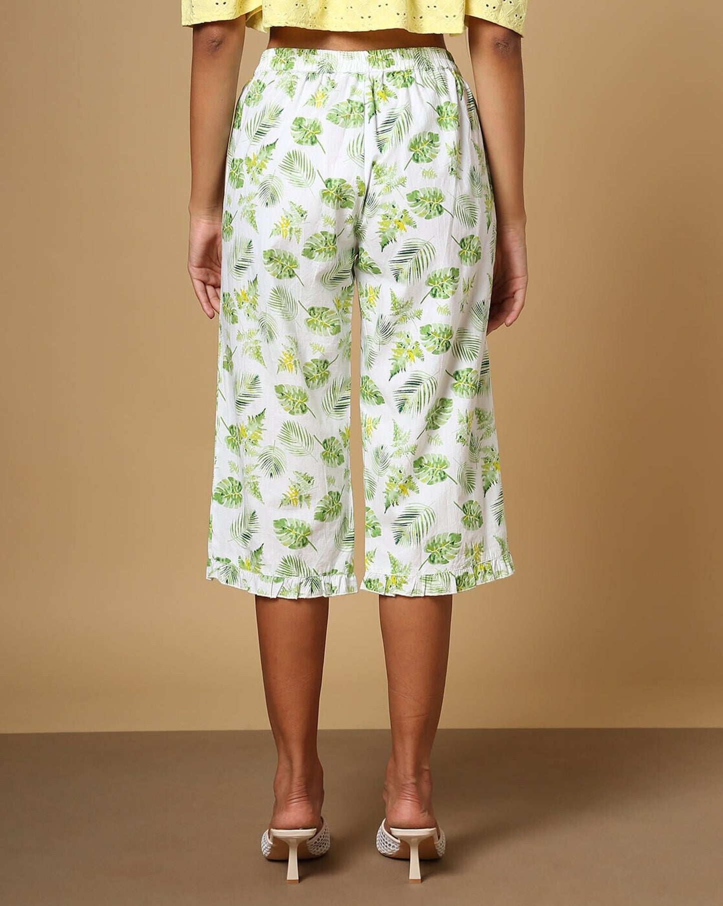 Leaf Print Capris with Ruffled Hem