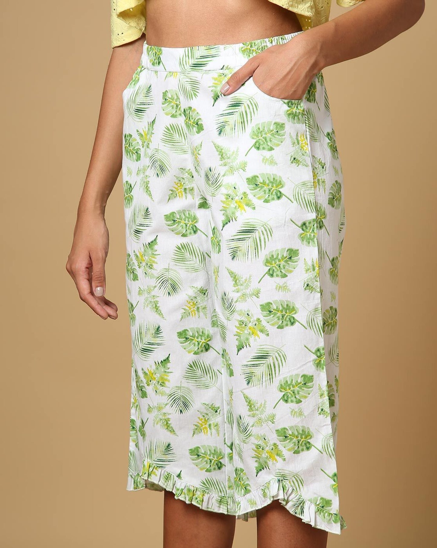 Leaf Print Capris with Ruffled Hem