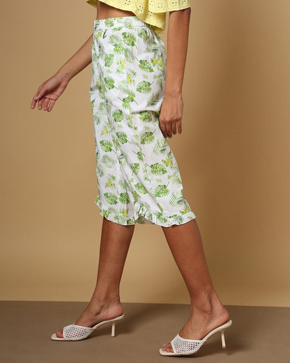 Leaf Print Capris with Ruffled Hem