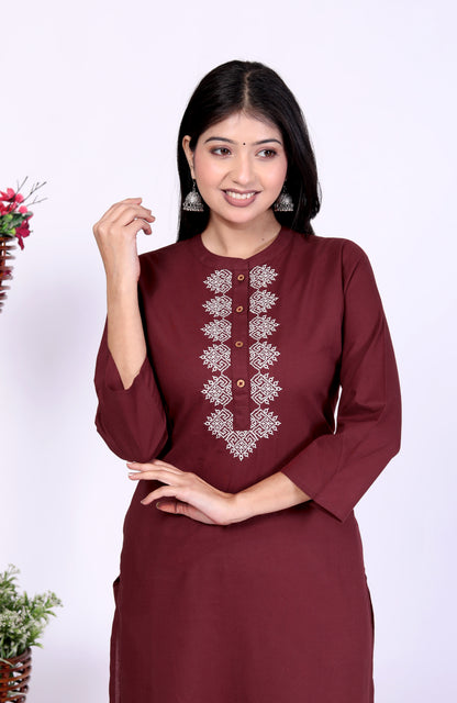 Sakura Women's Maroon Cambric Cotton Kurti with Intricate Thread Embroidery