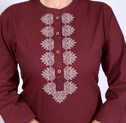 Sakura Women's Maroon Cambric Cotton Kurti with Intricate Thread Embroidery