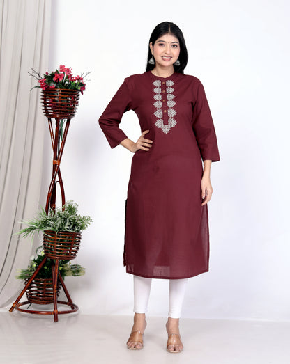 Sakura Women's Maroon Cambric Cotton Kurti with Intricate Thread Embroidery