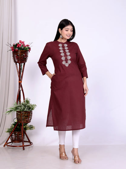 Sakura Women's Maroon Cambric Cotton Kurti with Intricate Thread Embroidery