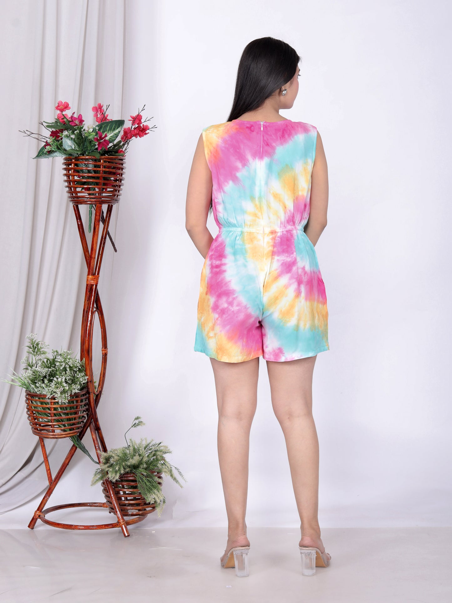 Sakura Multi-Color Tie-Dye Sleeveless Playsuit – Vibrant & Breezy