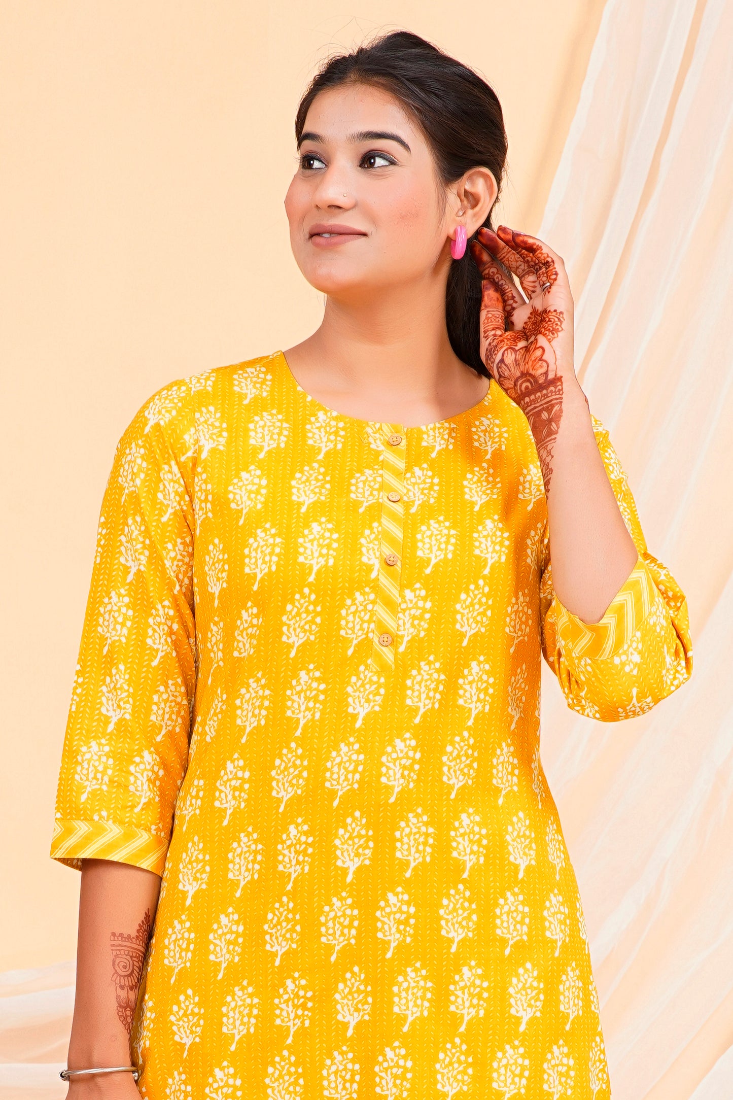 Sakura Women's Mustard Block Print Kurta & Chevron Palazzo Set - 100% Cambric Cotton, With Pockets