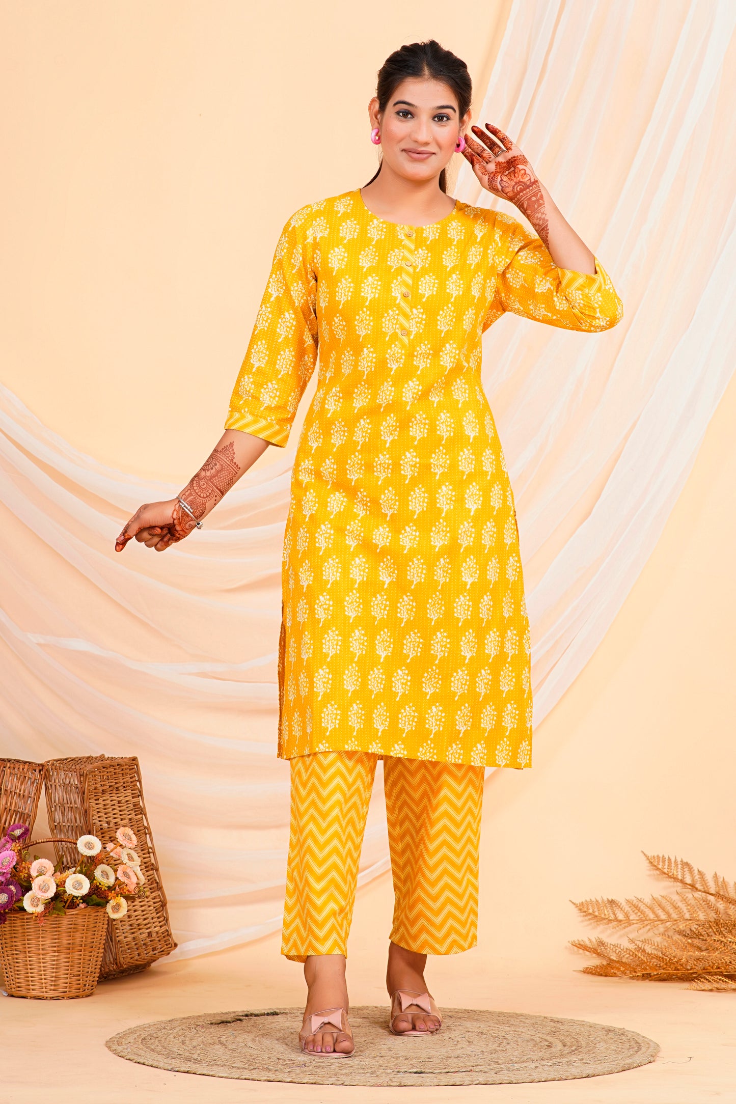 Sakura Women's Mustard Block Print Kurta & Chevron Palazzo Set - 100% Cambric Cotton, With Pockets