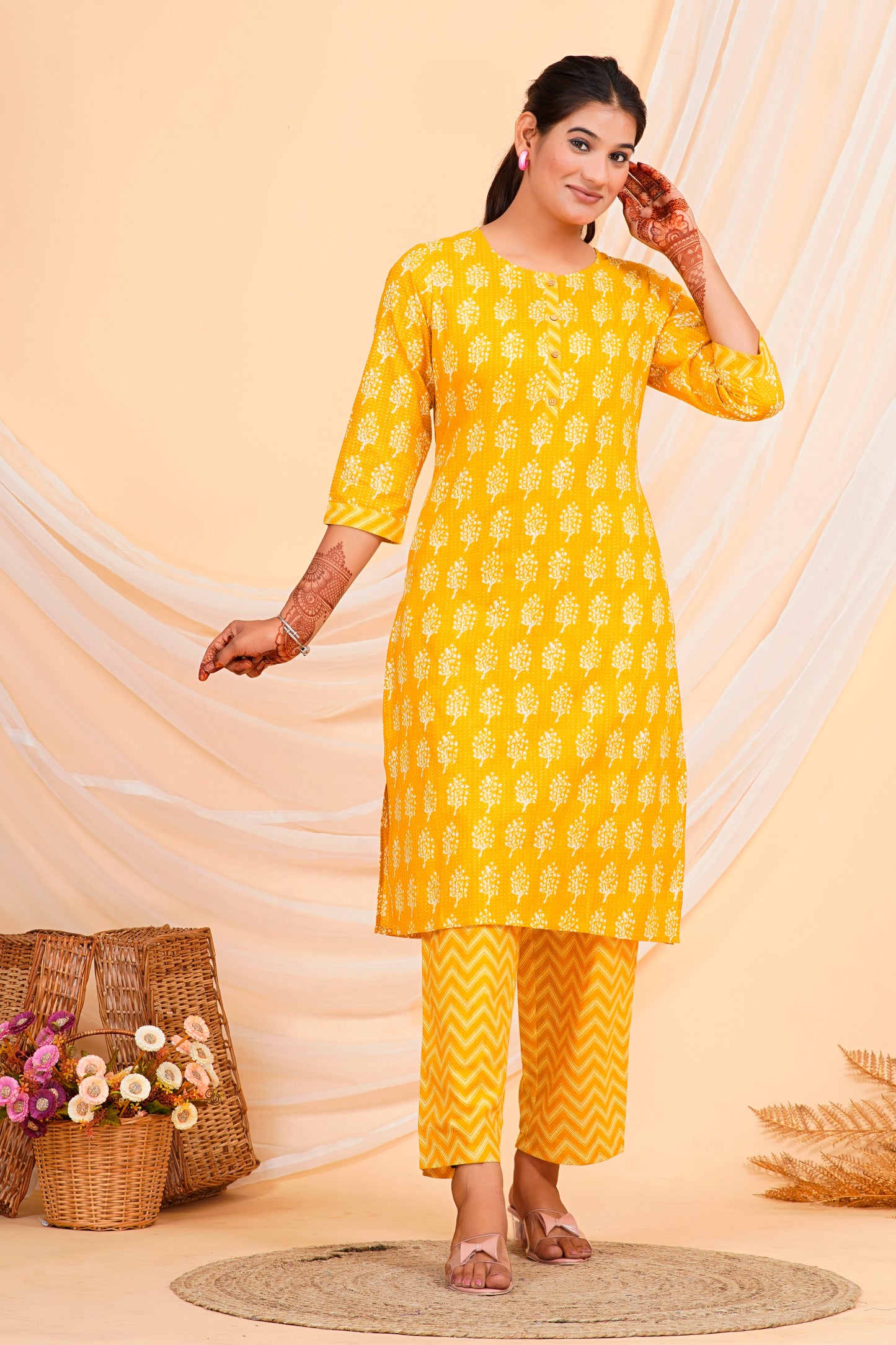 Sakura Women's Mustard Block Print Kurta & Chevron Palazzo Set - 100% Cambric Cotton, With Pockets