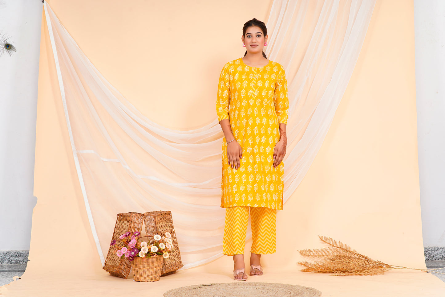 Sakura Women's Mustard Block Print Kurta & Chevron Palazzo Set - 100% Cambric Cotton, With Pockets