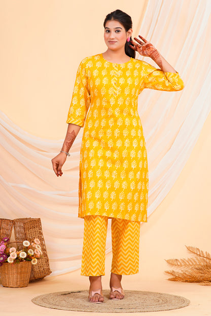 Sakura Women's Mustard Block Print Kurta & Chevron Palazzo Set - 100% Cambric Cotton, With Pockets