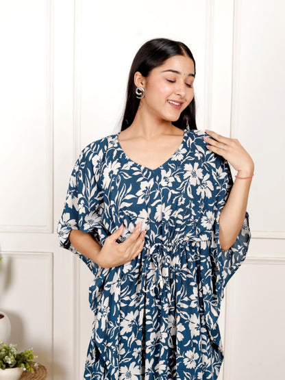 Sakura Women's Navy Blue & Ivory Floral Print Kaftan Dress in Liva Rayon Crepe