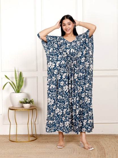 Sakura Women's Navy Blue & Ivory Floral Print Kaftan Dress in Liva Rayon Crepe