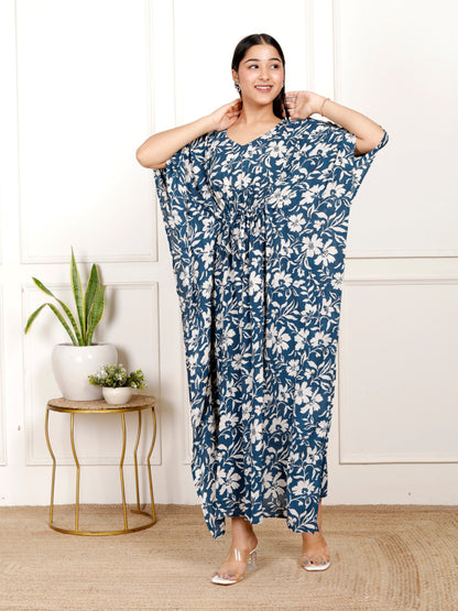 Sakura Women's Navy Blue & Ivory Floral Print Kaftan Dress in Liva Rayon Crepe