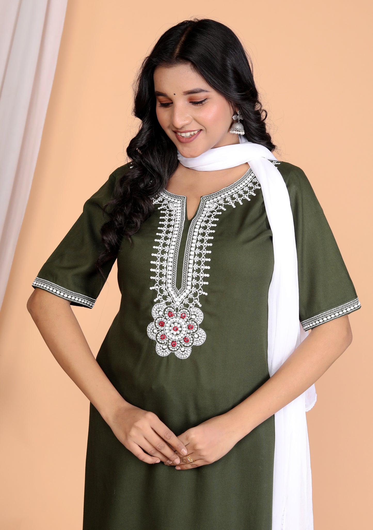 Sakura Women's Olive Green Embroidered Kurta Set with Palazzo & Lace Dupatta - 100% Liva Viscose Rayon Staple