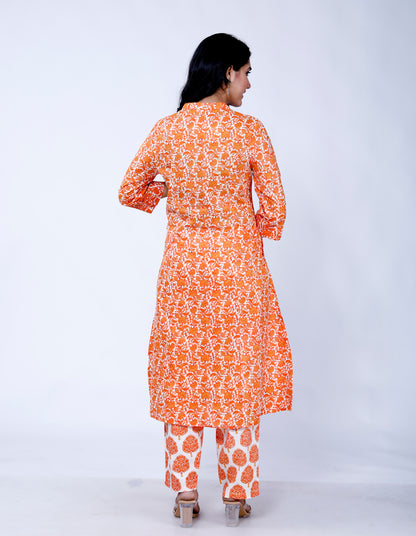 Sakura Women's 100% Cambric Cotton Princess Cut Kurta with Palazzo Set – Orange Floral Print