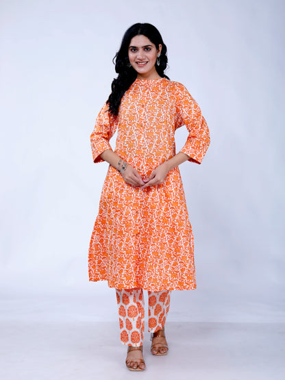 Sakura Women's 100% Cambric Cotton Princess Cut Kurta with Palazzo Set – Orange Floral Print