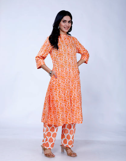 Sakura Women's 100% Cambric Cotton Princess Cut Kurta with Palazzo Set – Orange Floral Print