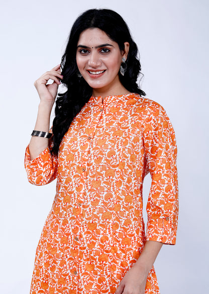 Sakura Women's 100% Cambric Cotton Princess Cut Kurta with Palazzo Set – Orange Floral Print