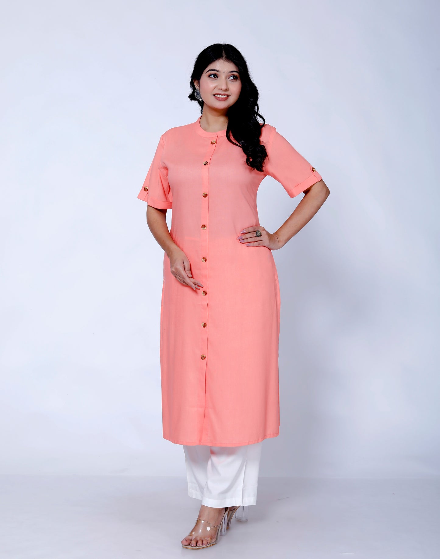 Sakura Peach Kurta with White Palazzo Set