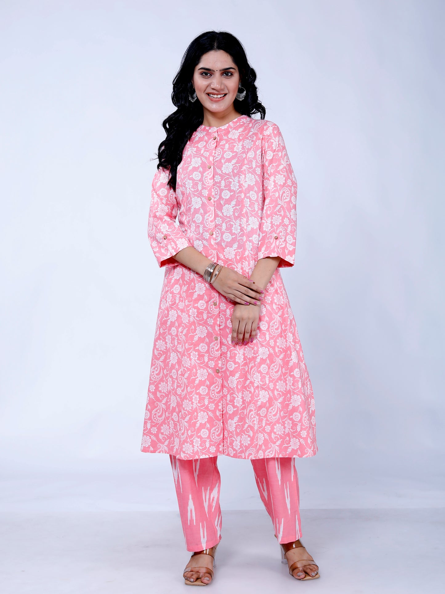 Sakura Women's 100% Cambric Cotton Princess Cut Kurta with Palazzo Set – Pink Floral Print