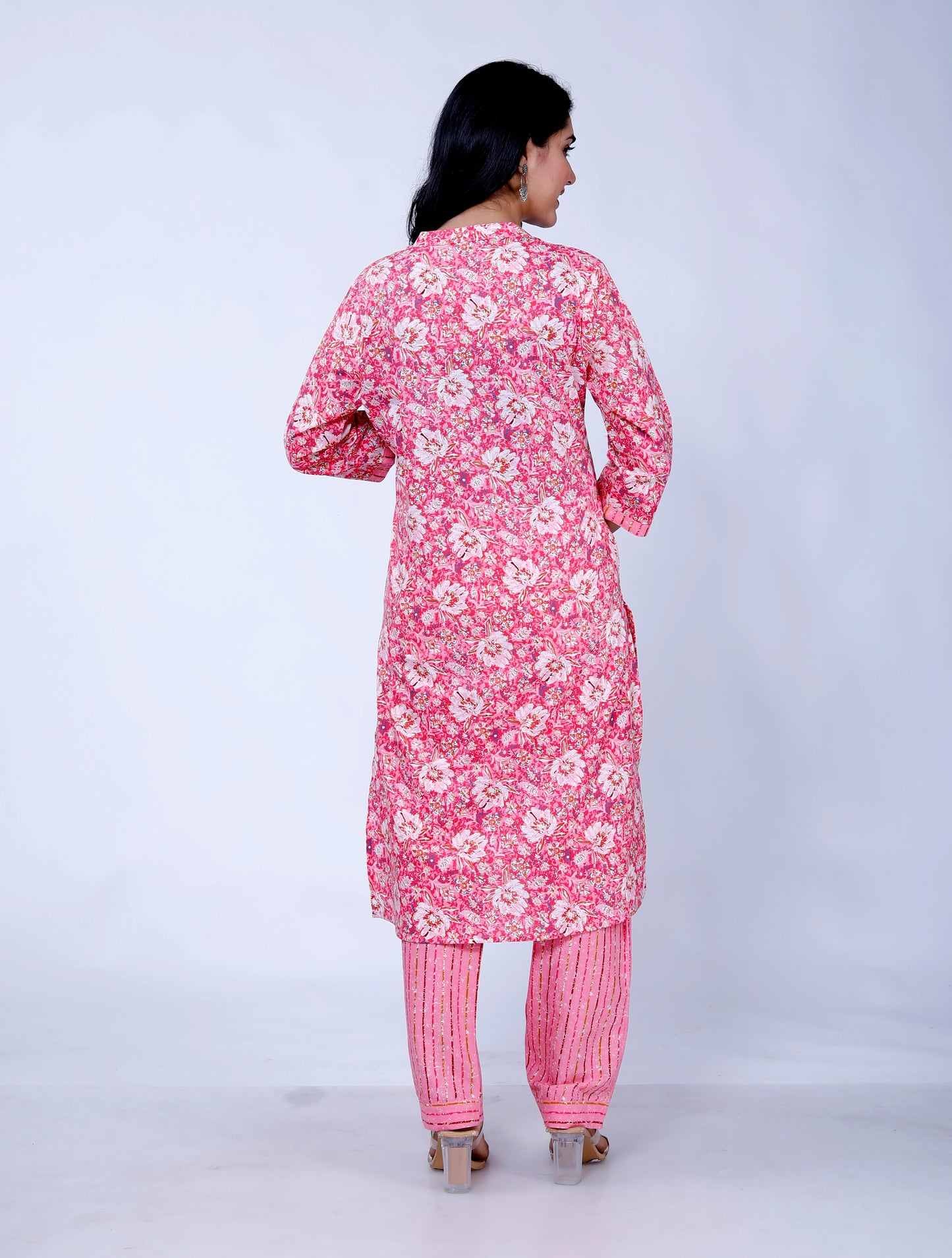 Sakura Women's Pink Floral Print Cotton Kurta & Striped Palazzo Set with Pockets - 100% Cambric Cotton