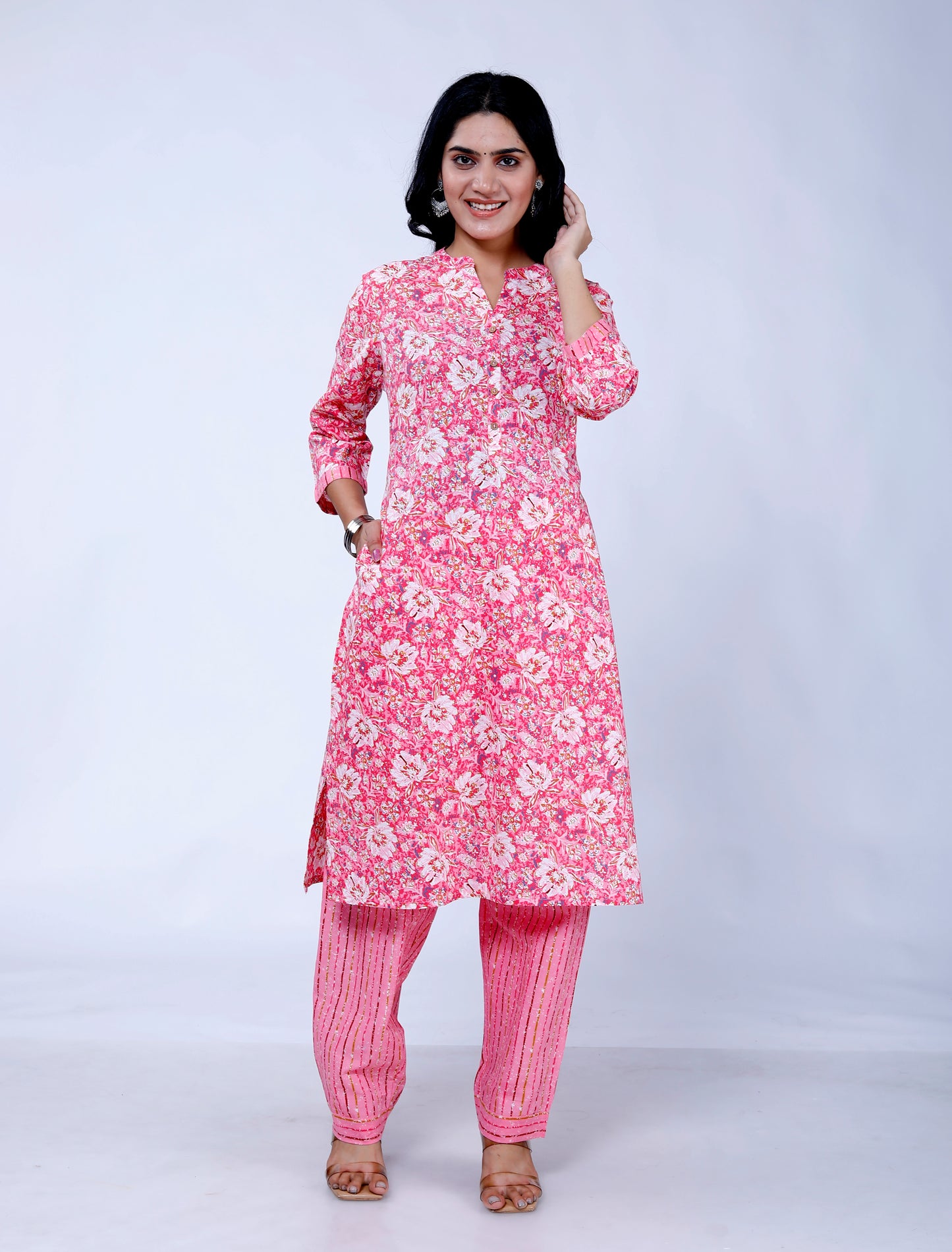 Sakura Women's Pink Floral Print Cotton Kurta & Striped Palazzo Set with Pockets - 100% Cambric Cotton