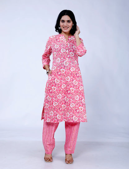 Sakura Women's Pink Floral Print Cotton Kurta & Striped Palazzo Set with Pockets - 100% Cambric Cotton