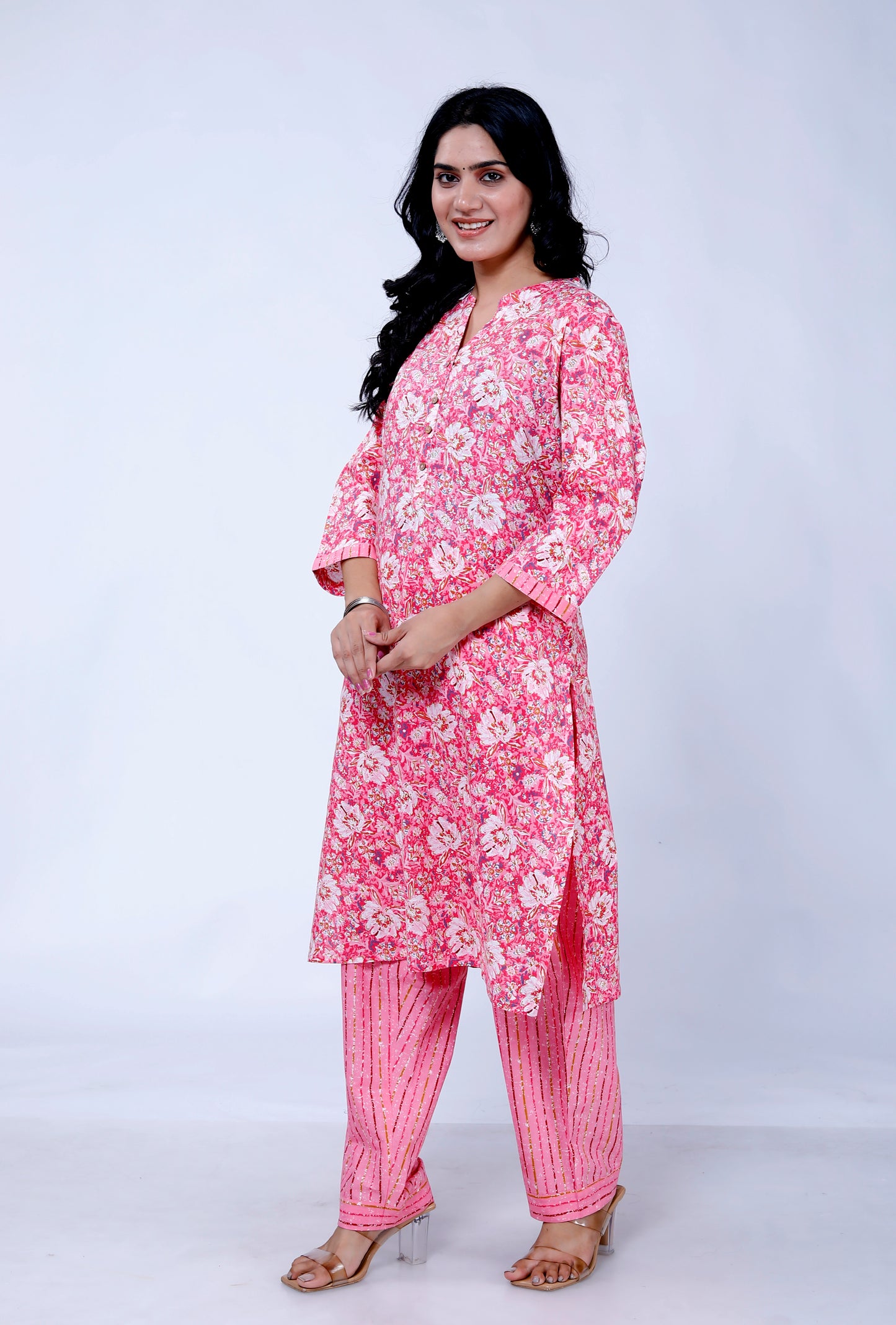 Sakura Women's Pink Floral Print Cotton Kurta & Striped Palazzo Set with Pockets - 100% Cambric Cotton