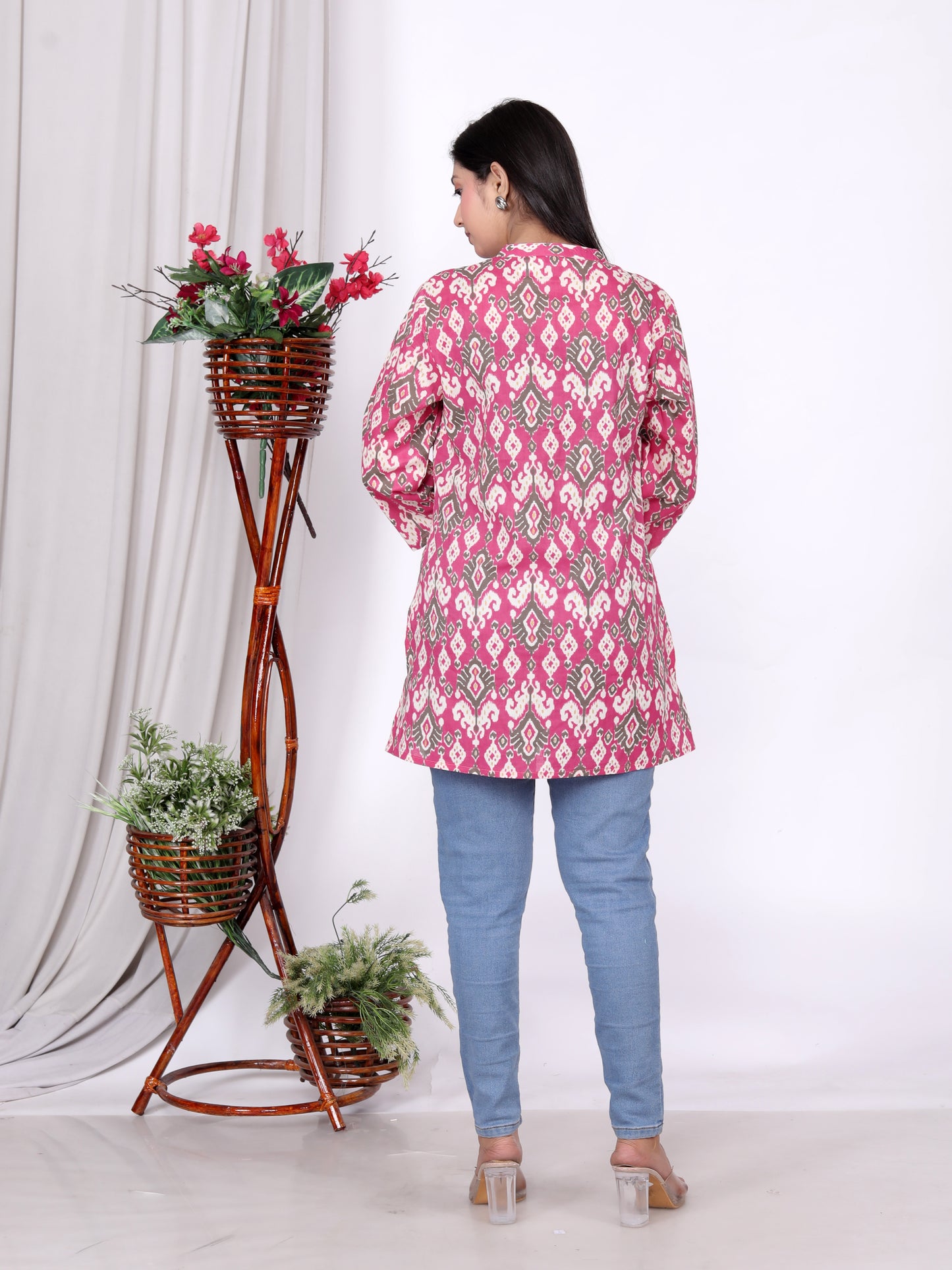 Sakura Pink Ikat Printed Cotton Kurti – Elegant & Comfortable Everyday Wear