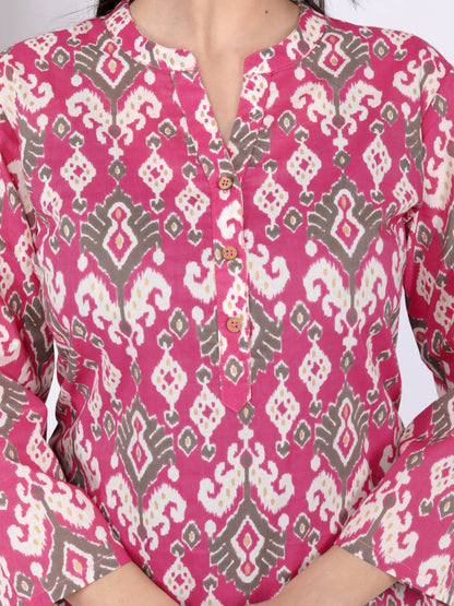 Sakura Pink Ikat Printed Cotton Kurti – Elegant & Comfortable Everyday Wear