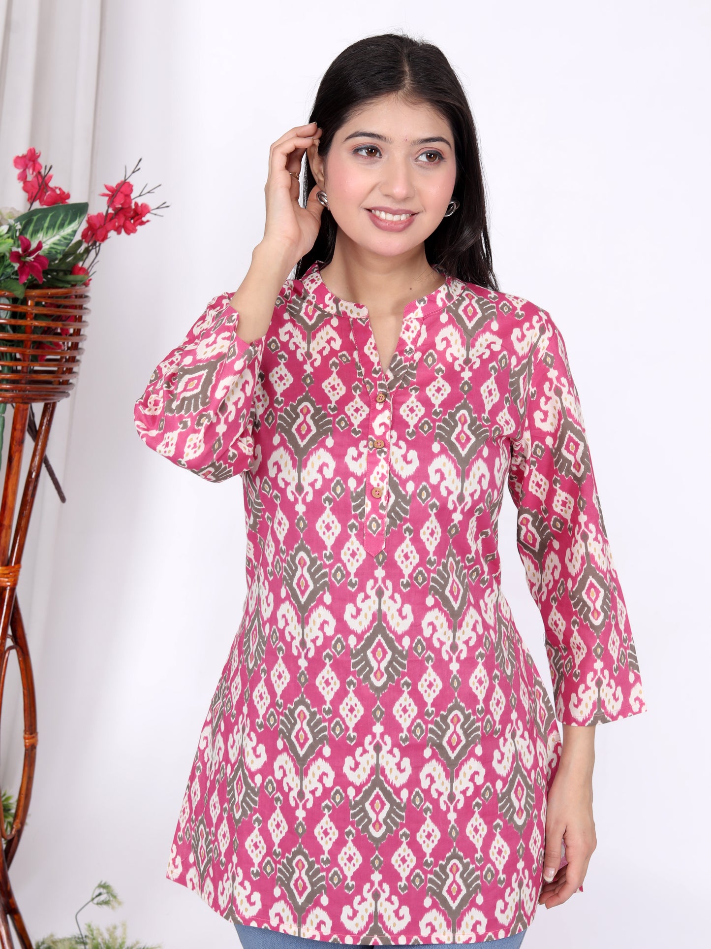 Sakura Pink Ikat Printed Cotton Kurti – Elegant & Comfortable Everyday Wear