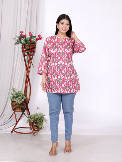 Sakura Pink Ikat Printed Cotton Kurti – Elegant & Comfortable Everyday Wear