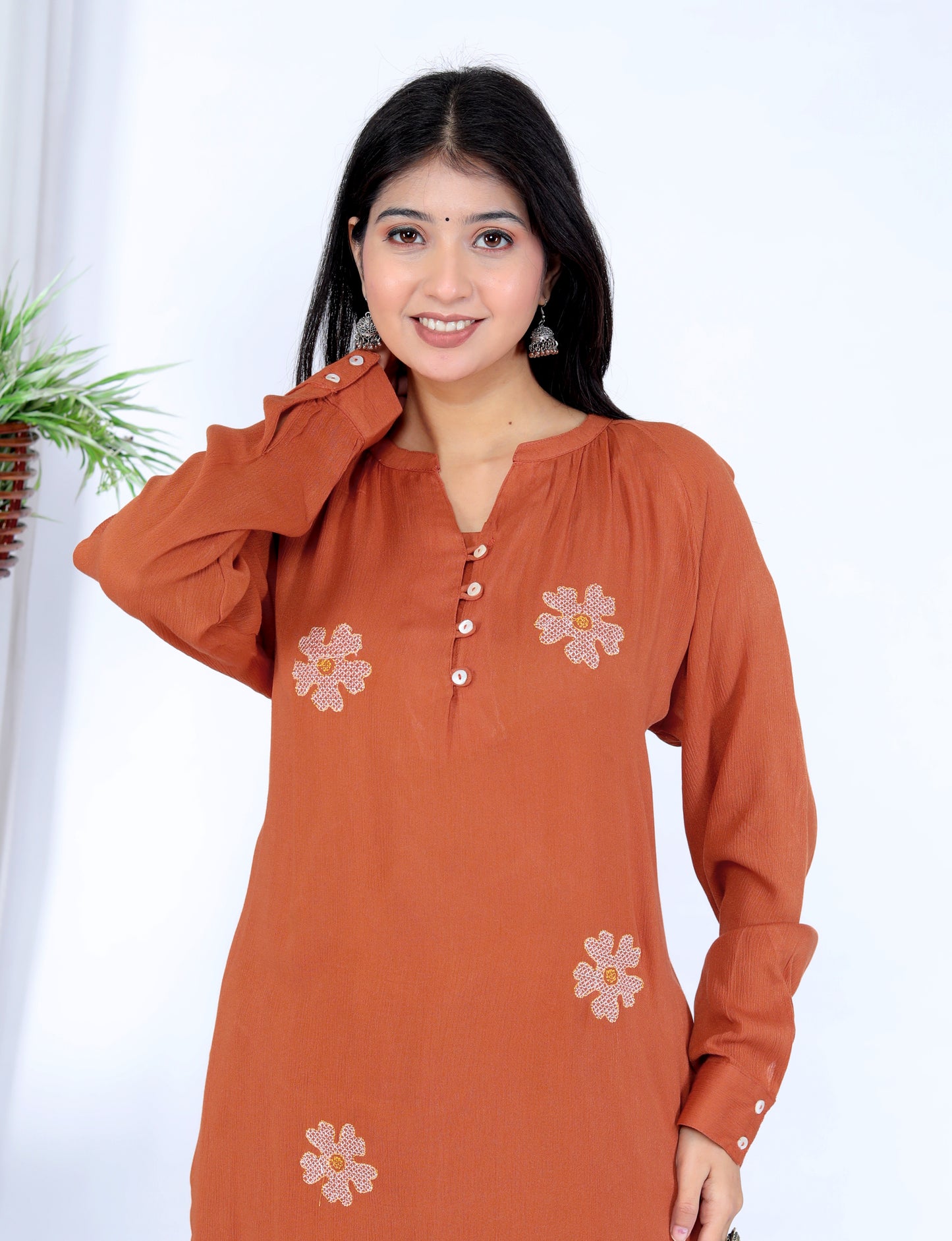 Sakura Women's Rust Floral Embroidered Liva Rayon Crepe Two-Piece Kurta and Pant Set